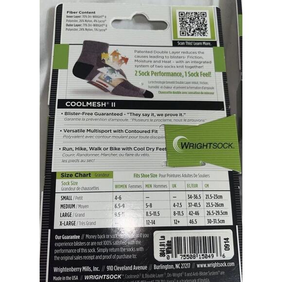 X2 Wrightsock Green Coolmesh II Low One Socks Mens Size S L62930 - Picture 2 of 4